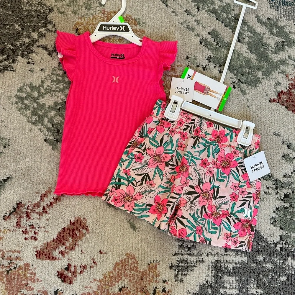 New Hurley Pink Top and Floral Shorts Set Size 3T Toddler Girl - Picture 6 of 12